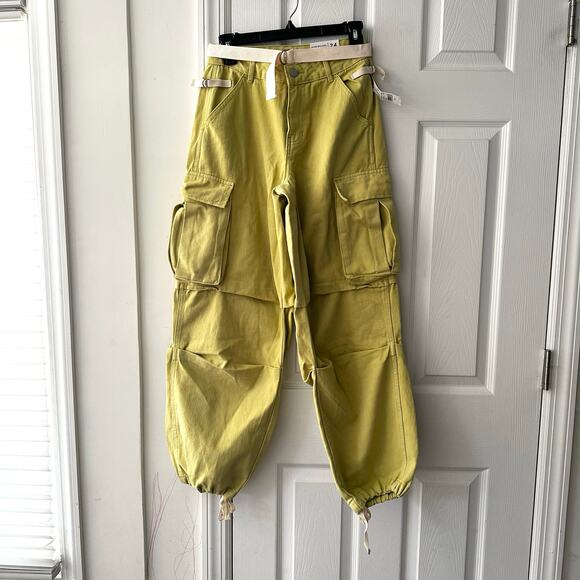 PacSun NWT Jayde Balloon Cargo Yellow Baggy Pants Waist 24 New With Canvas Belt - Picture 2 of 14